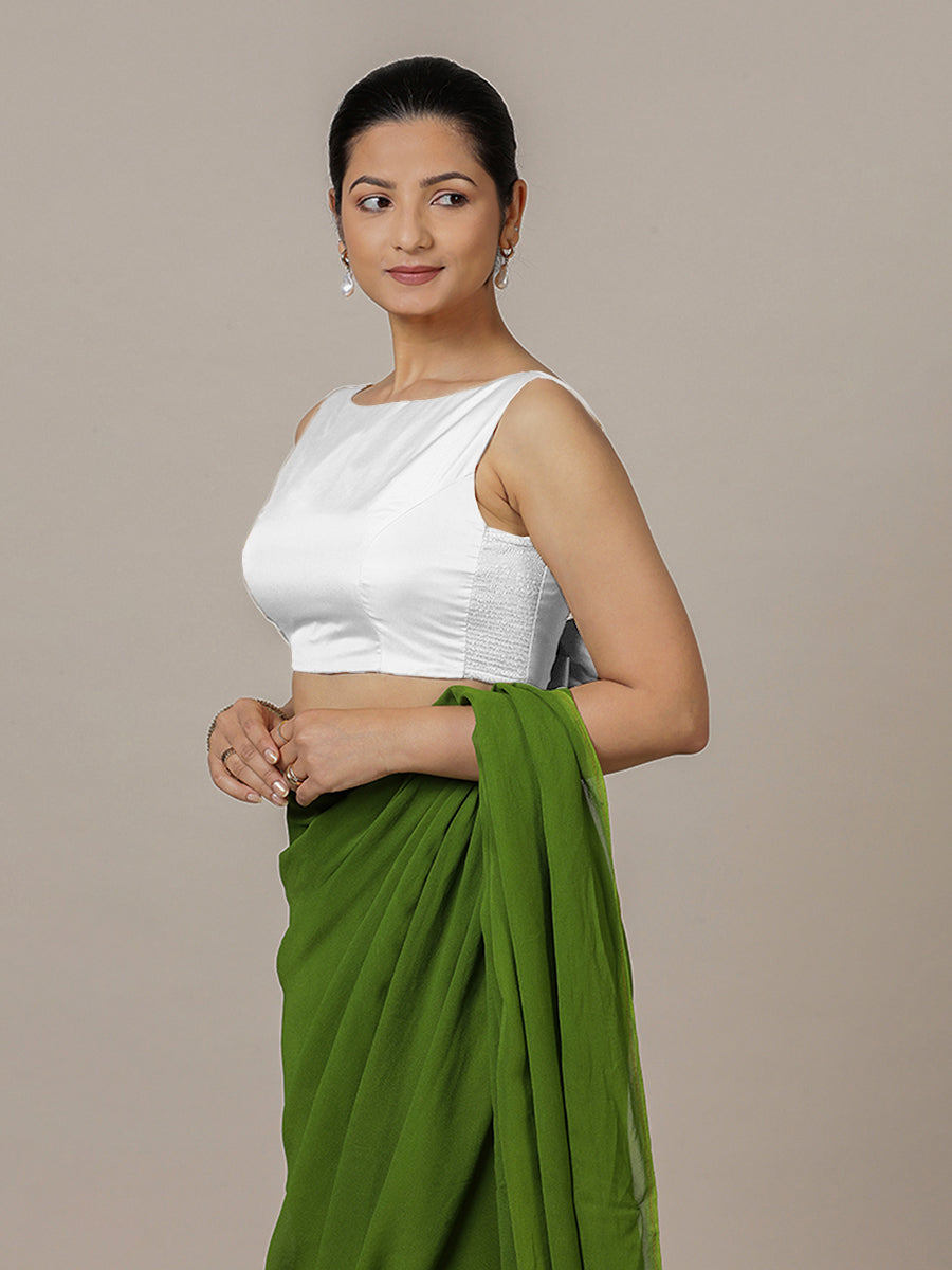 Sherry x Rozaana Saree Blouse, in White Vegan Silk, featuring sleeveless and boat neckline, made for party & festive (view 7).