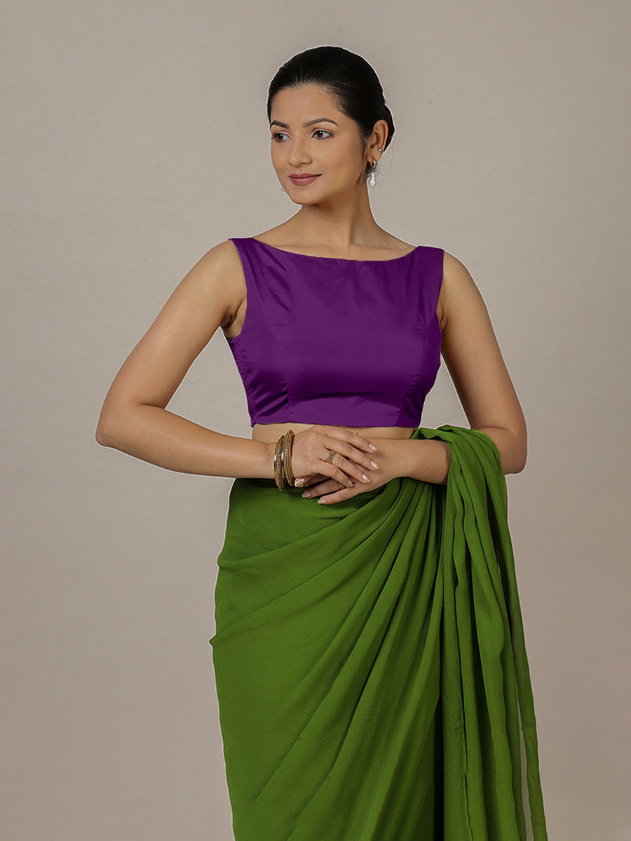 Sherry x Rozaana Saree Blouse, in Purple Vegan Silk, featuring sleeveless and boat neckline, made for party & festive (view 4).