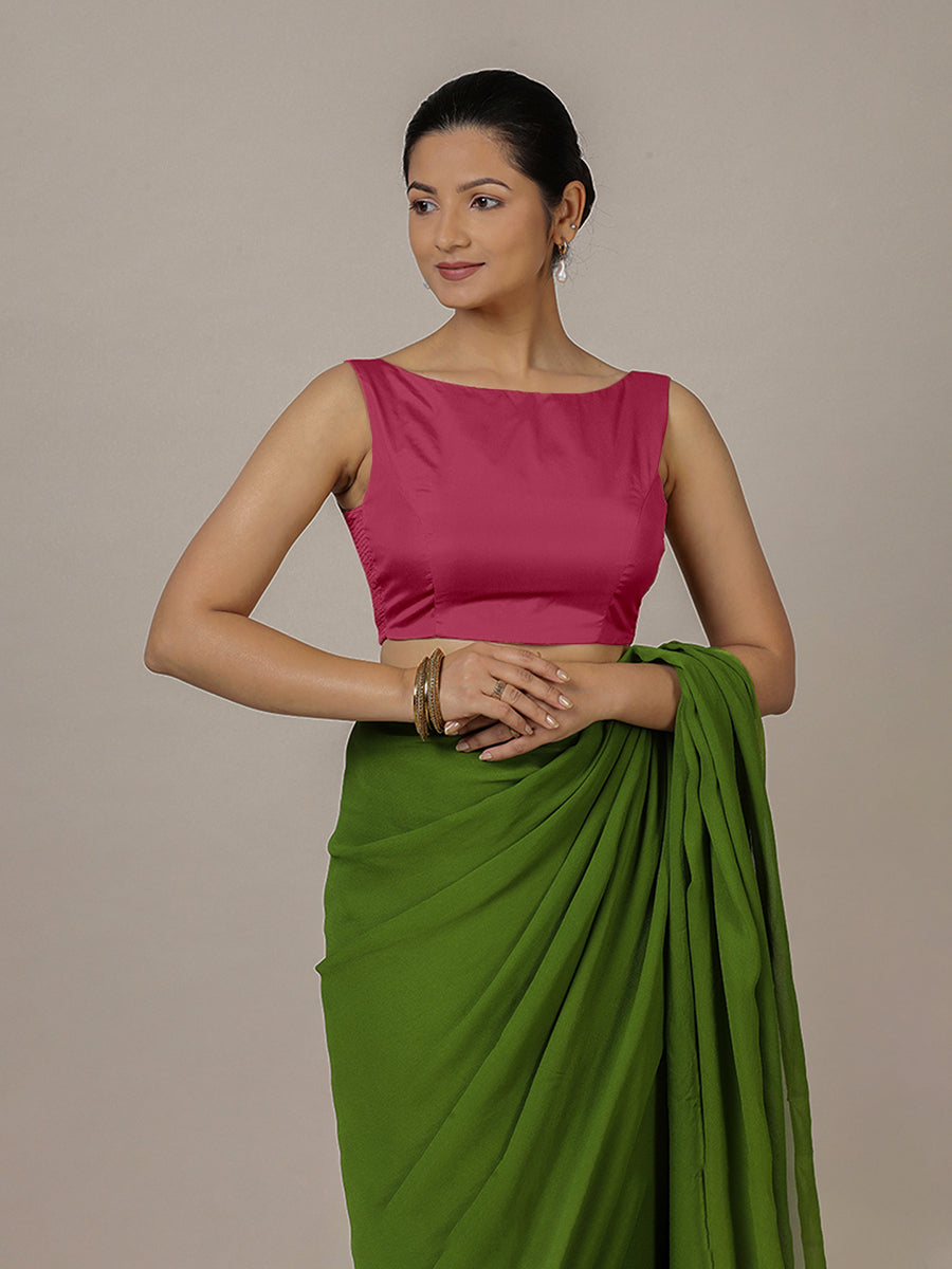 Sherry x Rozaana Saree Blouse, in Pink Vegan Silk, featuring sleeveless and boat neckline, made for party & festive (view 4).