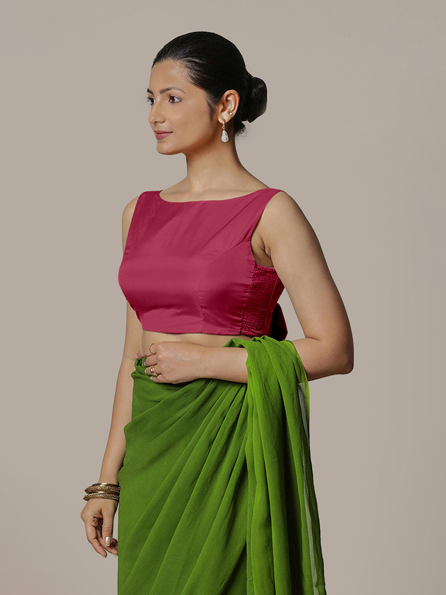 Sherry x Rozaana Saree Blouse, in Pink Vegan Silk, featuring sleeveless and boat neckline, made for party & festive (view 6).