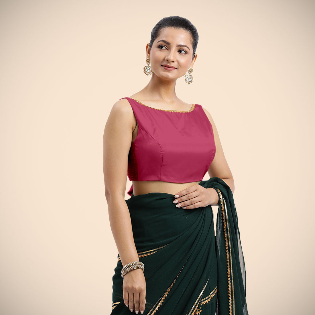 Sherry x Tyohaar Saree Blouse, in Pink Vegan Silk, featuring sleeveless and boat neckline, made for party & festive (view 6).