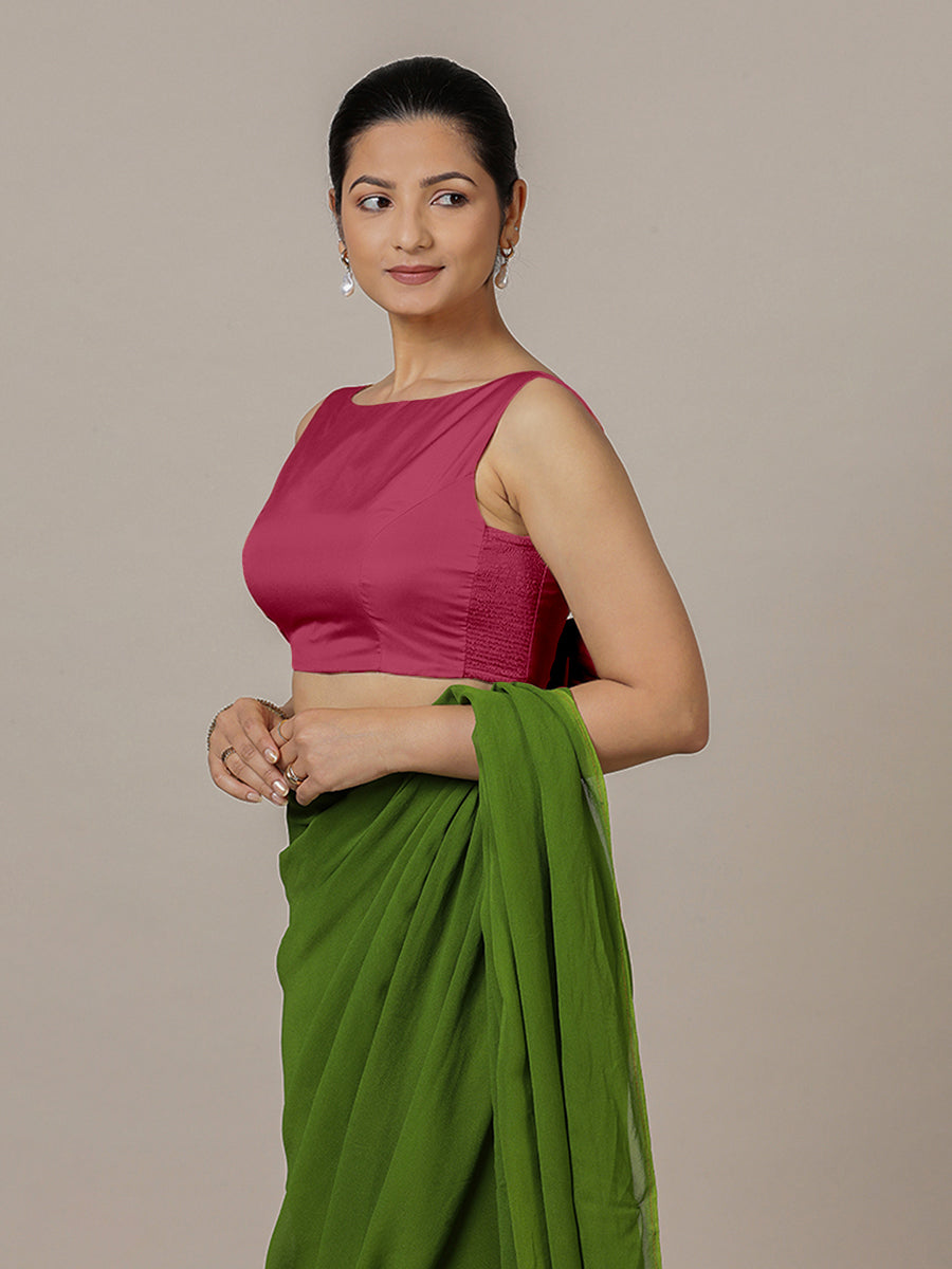 Sherry x Rozaana Saree Blouse, in Pink Vegan Silk, featuring sleeveless and boat neckline, made for party & festive (view 7).