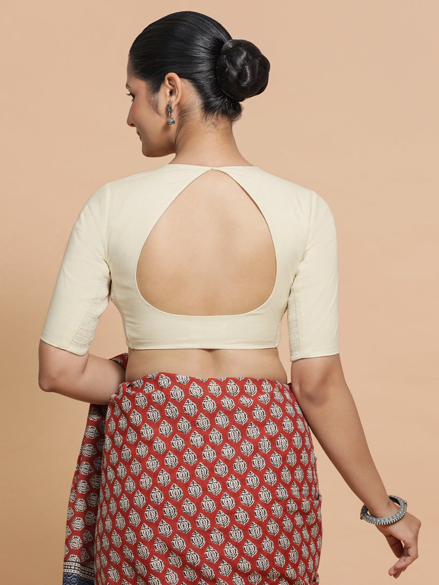 Shifa x Rozaana Saree Blouse, in White Linen, featuring elbow sleeves and pot neckline, made for daily & work (view 2).