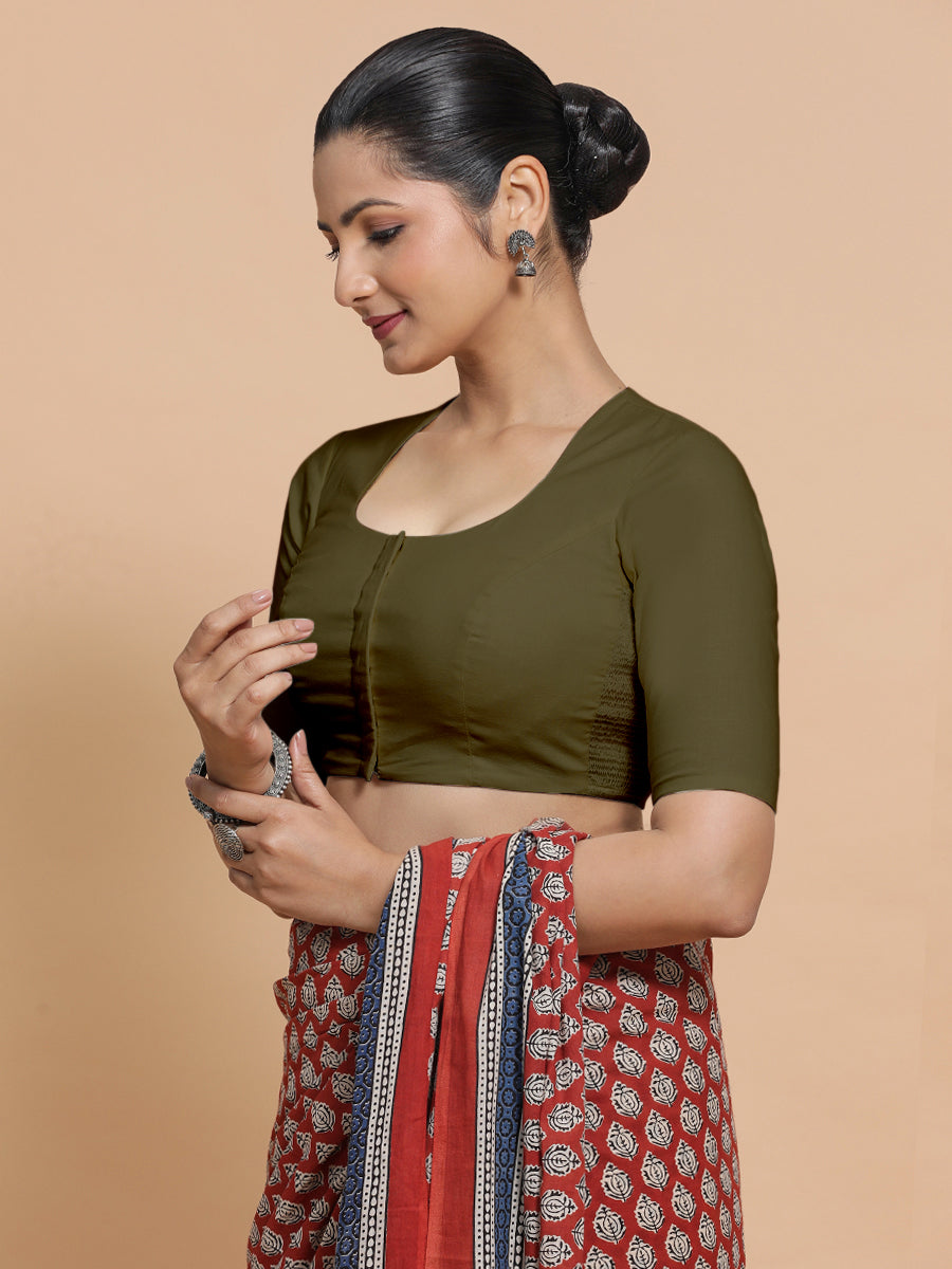 Shifa x Rozaana Saree Blouse, in Green Linen, featuring elbow sleeves and pot neckline, made for daily & work (view 6).