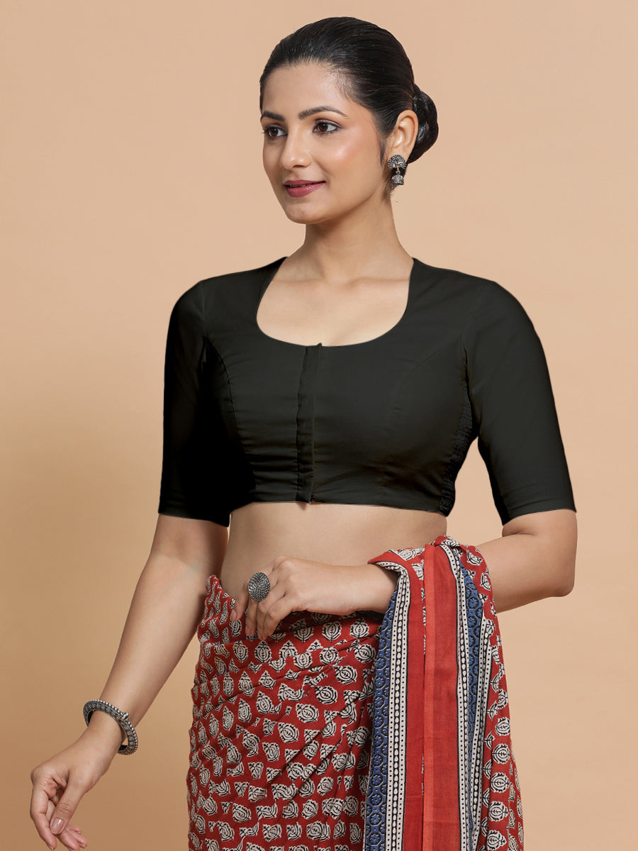 Shifa x Rozaana Saree Blouse, in Black Linen, featuring elbow sleeves and pot neckline, made for daily & work (view 6).
