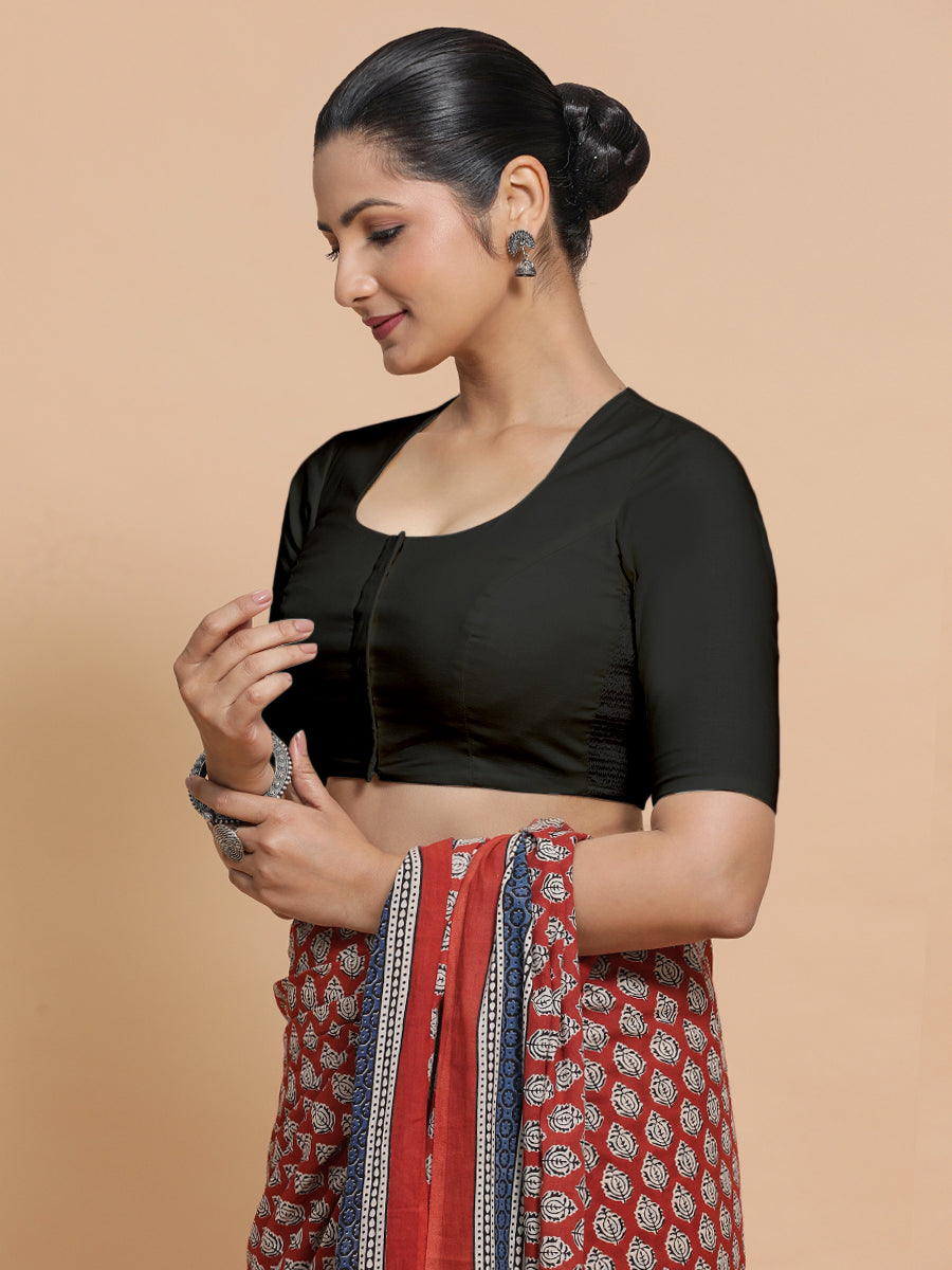Shifa x Rozaana Saree Blouse, in Black Linen, featuring elbow sleeves and pot neckline, made for daily & work (view 7).