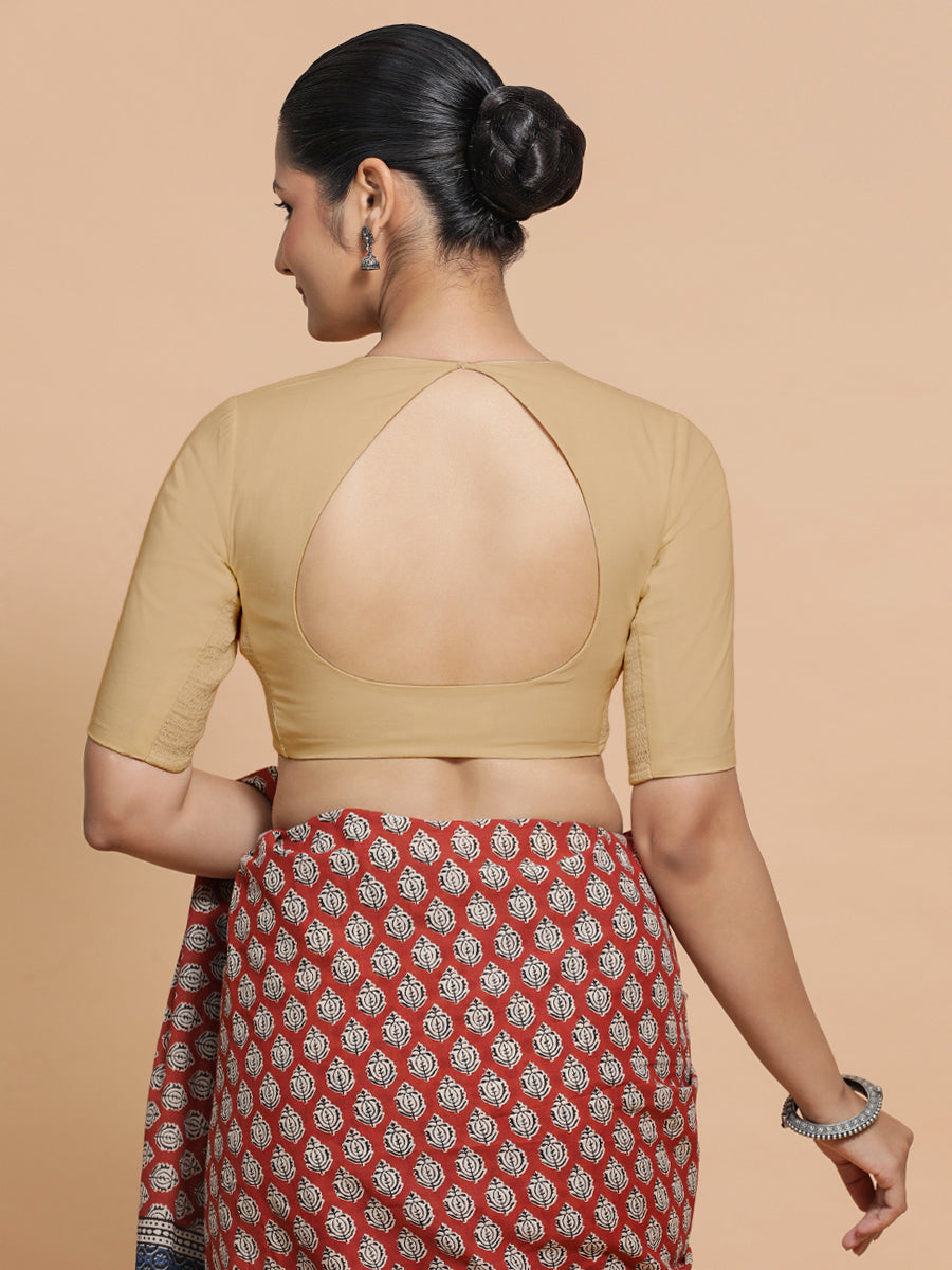 Shifa x Rozaana Saree Blouse, in Beige Linen, featuring elbow sleeves and pot neckline, made for daily & work (view 2).