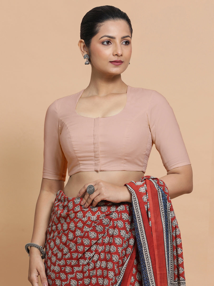Shifa x Rozaana Saree Blouse, in Pink Linen, featuring elbow sleeves and pot neckline, made for daily & work.