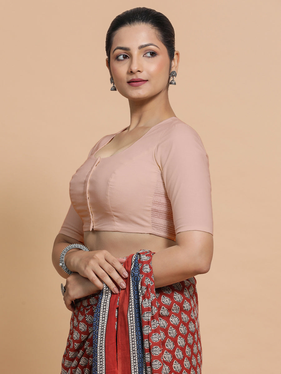 Shifa x Rozaana Saree Blouse, in Pink Linen, featuring elbow sleeves and pot neckline, made for daily & work (view 5).