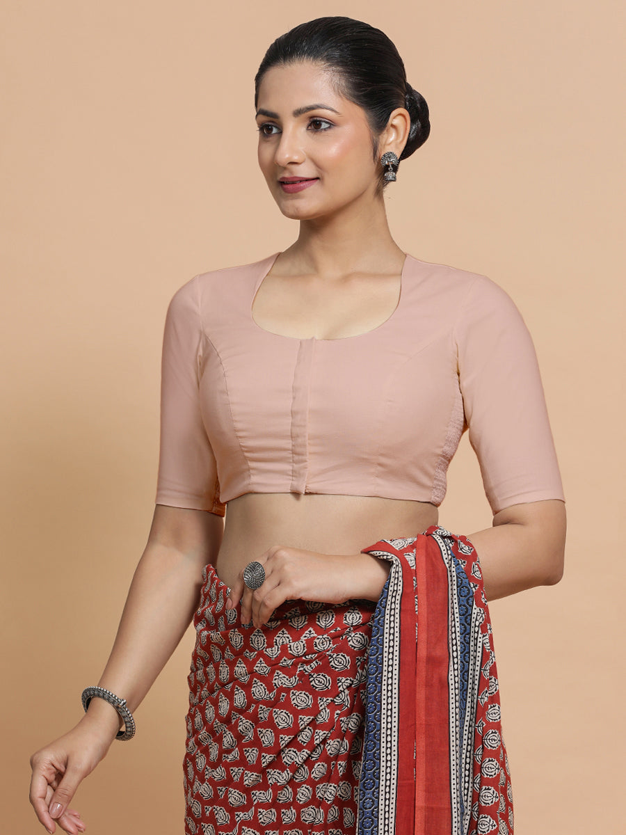 Shifa x Rozaana Saree Blouse, in Pink Linen, featuring elbow sleeves and pot neckline, made for daily & work (view 6).