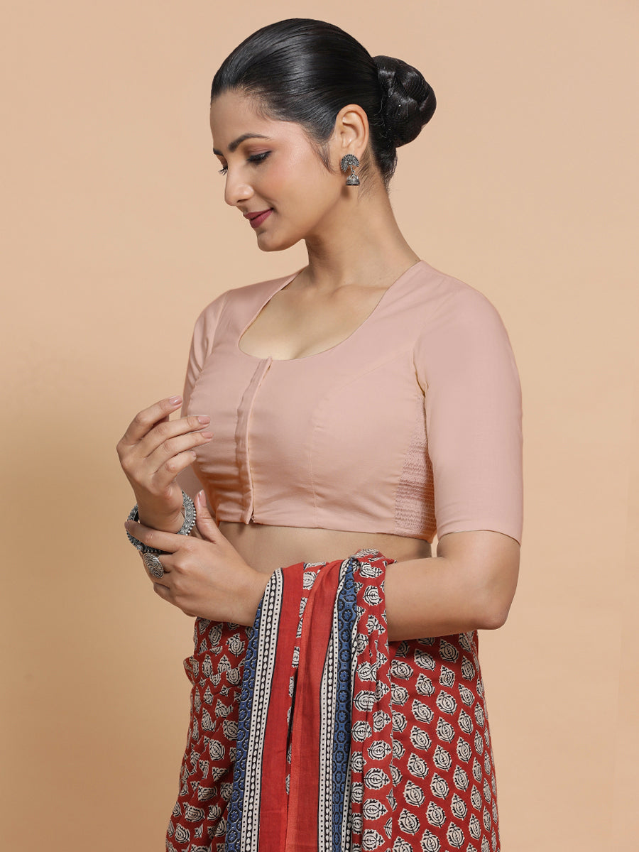 Shifa x Rozaana Saree Blouse, in Pink Linen, featuring elbow sleeves and pot neckline, made for daily & work (view 7).