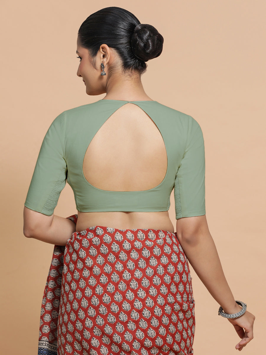 Shifa x Rozaana Saree Blouse, in Green Linen, featuring elbow sleeves and pot neckline, made for daily & work (view 2).