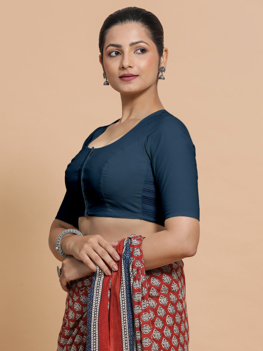Shifa x Rozaana Saree Blouse, in Blue Linen, featuring elbow sleeves and pot neckline, made for daily & work.