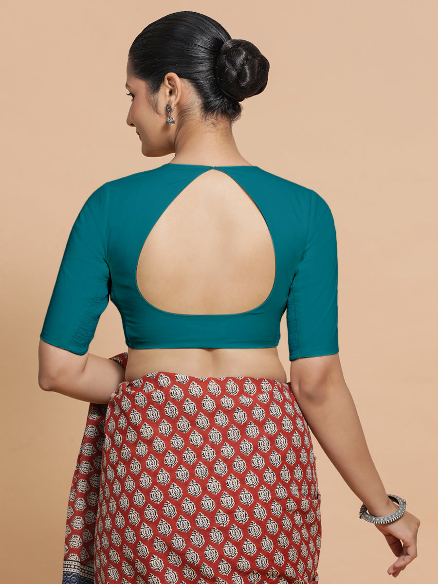 Shifa x Rozaana Saree Blouse, in Blue Linen, featuring elbow sleeves and pot neckline, made for daily & work (view 2).