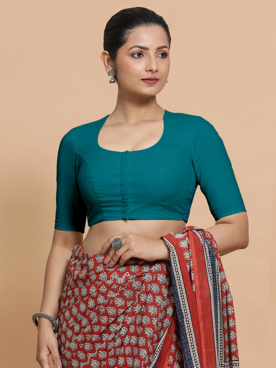 Shifa x Rozaana Saree Blouse, in Blue Linen, featuring elbow sleeves and pot neckline, made for daily & work (view 7).