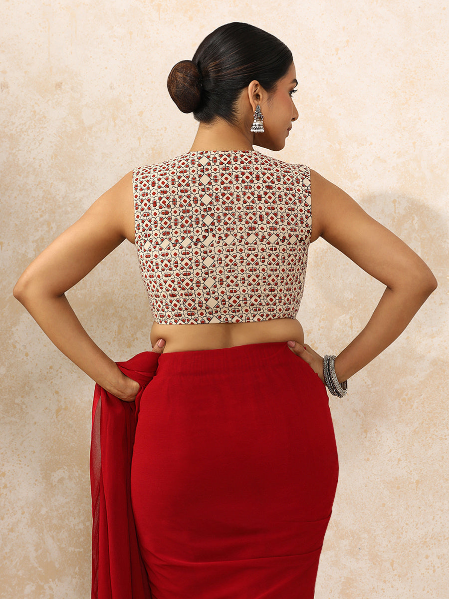 Shradha x Rozaana Saree Blouse, in Cream 100% Cotton - Block Printed, featuring sleeveless and jewel neckline (view 2).