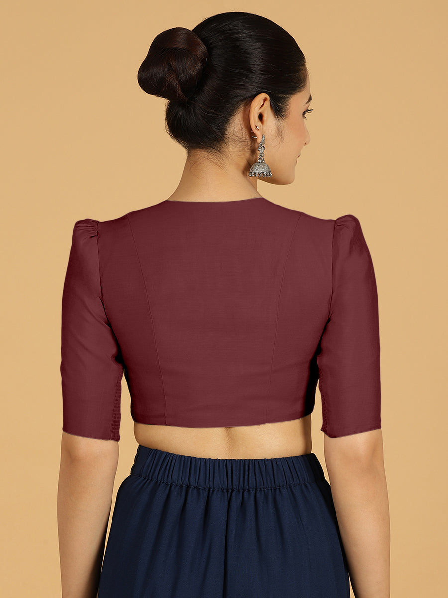 Shravani x Rozaana Saree Blouse, in Maroon Viscose, featuring elbow sleeves and v-neckline, made for daily & work (view 2).