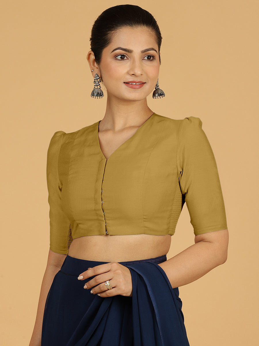 Shravani x Rozaana Saree Blouse, in Yellow Viscose, featuring elbow sleeves and v-neckline, made for daily & work (view 7).