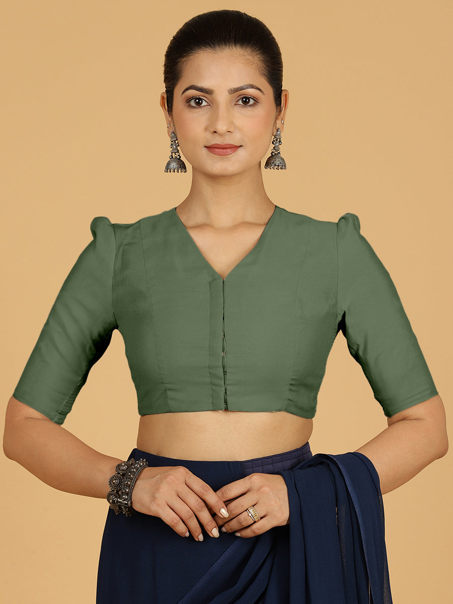 Shravani x Rozaana Saree Blouse, in Green Viscose, featuring elbow sleeves and v-neckline, made for daily & work.