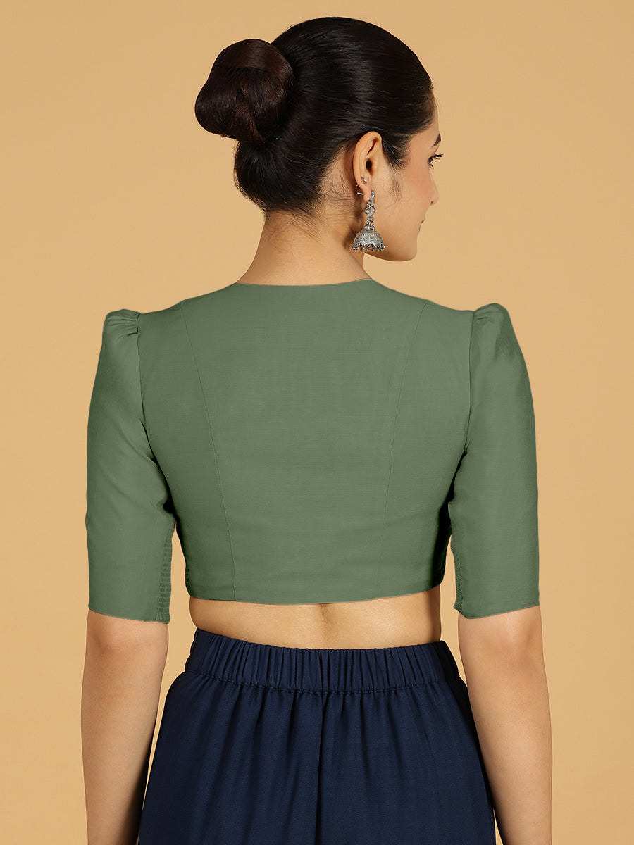 Shravani x Rozaana Saree Blouse, in Green Viscose, featuring elbow sleeves and v-neckline, made for daily & work (view 2).