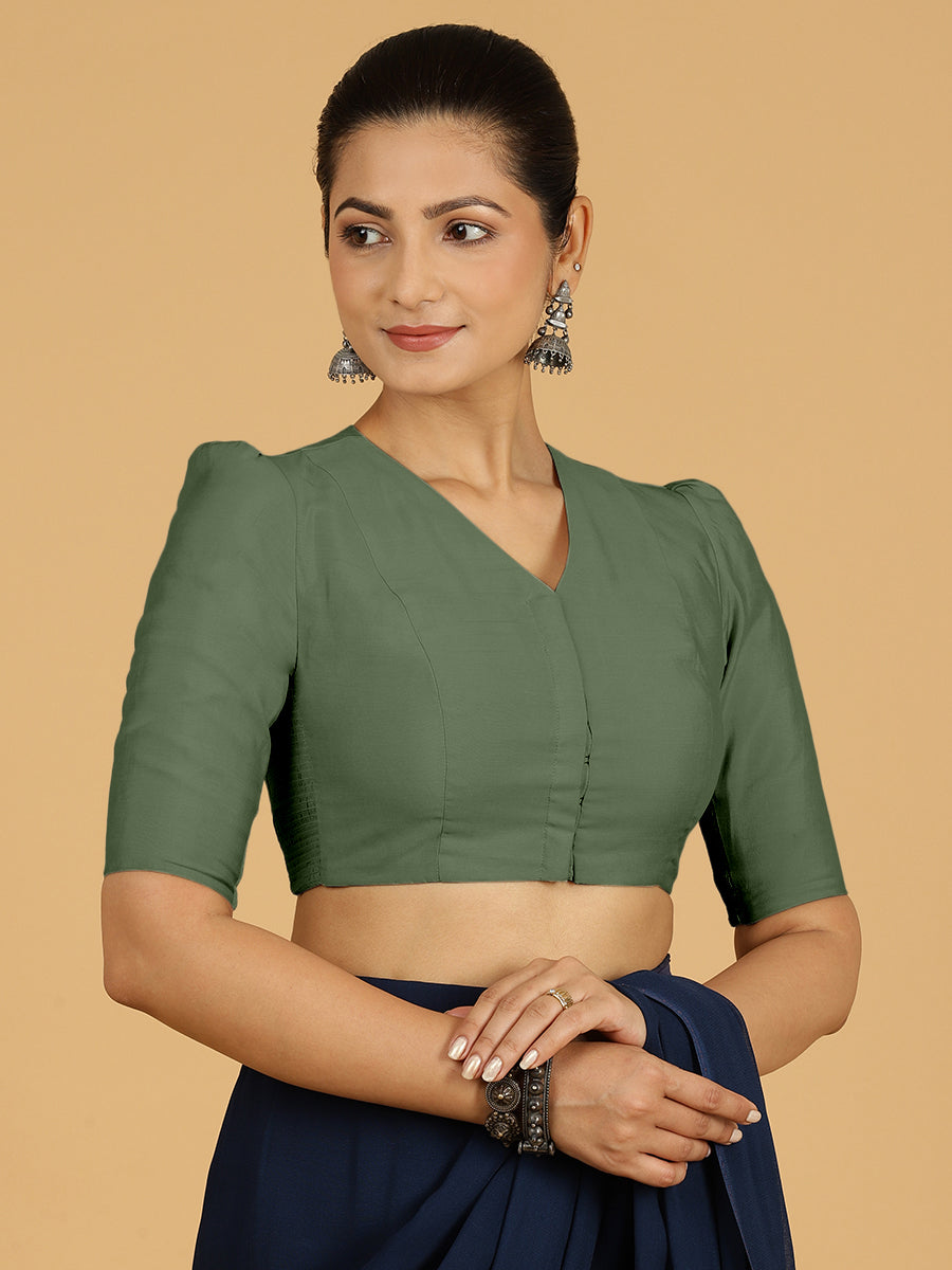 Shravani x Rozaana Saree Blouse, in Green Viscose, featuring elbow sleeves and v-neckline, made for daily & work (view 7).
