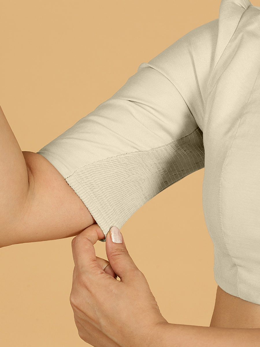 Shravani x Rozaana Saree Blouse, in Cream Viscose, featuring elbow sleeves and v-neckline, made for daily & work (view 5).