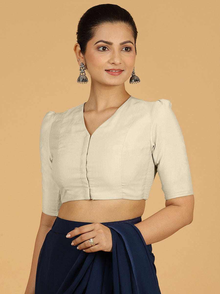 Shravani x Rozaana Saree Blouse, in Cream Viscose, featuring elbow sleeves and v-neckline, made for daily & work (view 7).