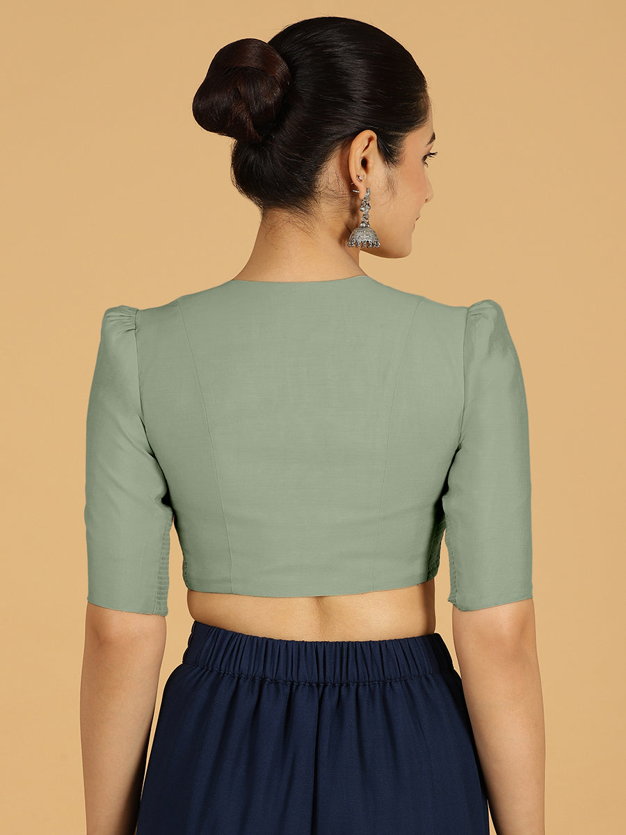 Shravani x Rozaana Saree Blouse, in Green Viscose, featuring elbow sleeves and v-neckline, made for daily & work (view 2).