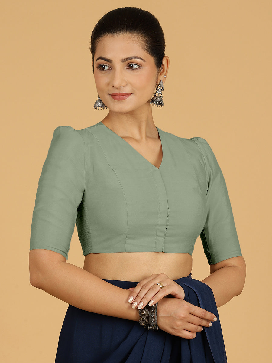 Shravani x Rozaana Saree Blouse, in Green Viscose, featuring elbow sleeves and v-neckline, made for daily & work (view 7).