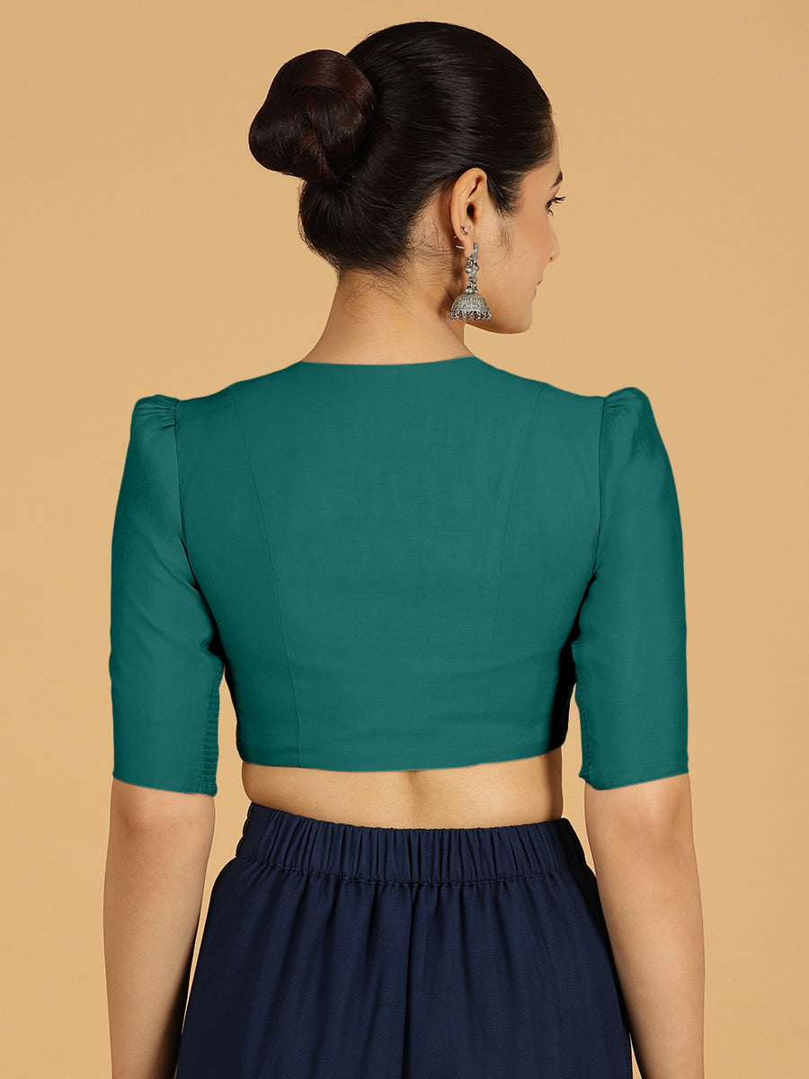Shravani x Rozaana Saree Blouse, in Green Viscose, featuring elbow sleeves and v-neckline, made for daily & work (view 2).