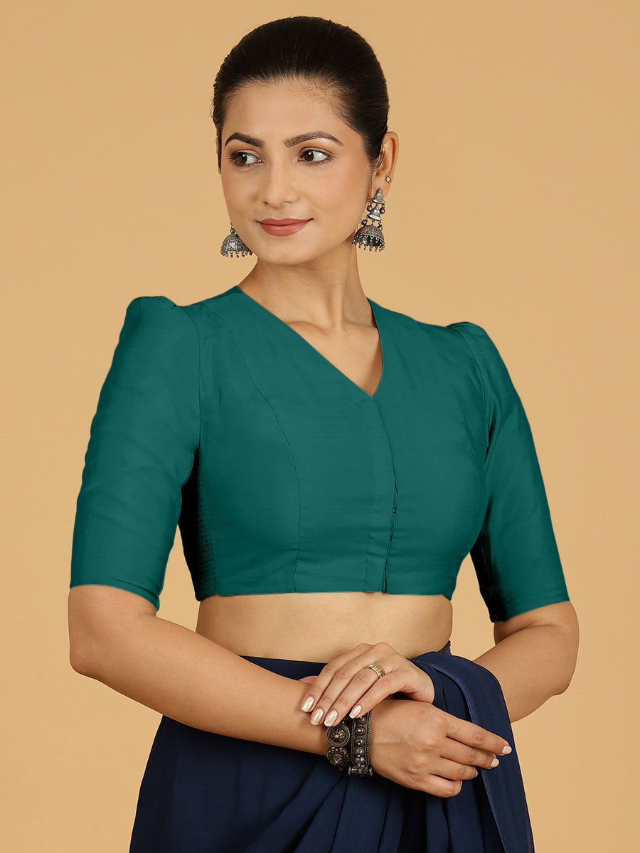 Shravani x Rozaana Saree Blouse, in Green Viscose, featuring elbow sleeves and v-neckline, made for daily & work (view 6).