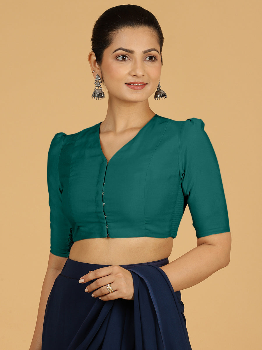 Shravani x Rozaana Saree Blouse, in Green Viscose, featuring elbow sleeves and v-neckline, made for daily & work (view 7).