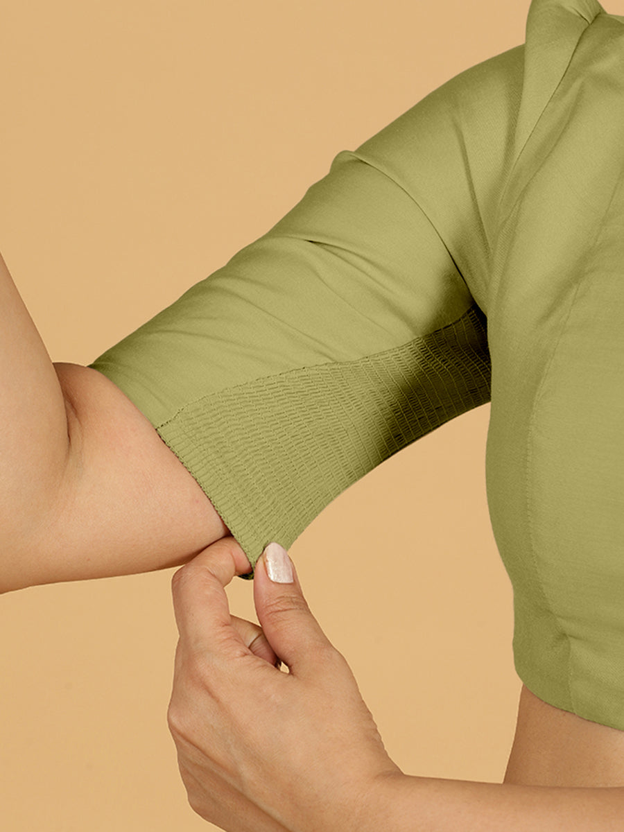 Shravani x Rozaana Saree Blouse, in Green Viscose, featuring elbow sleeves and v-neckline, made for daily & work (view 5).