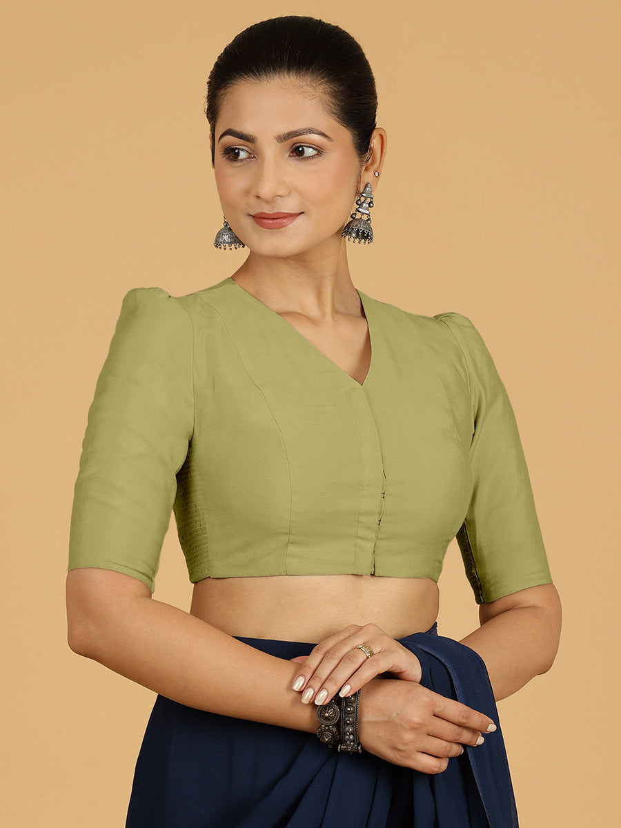 Shravani x Rozaana Saree Blouse, in Green Viscose, featuring elbow sleeves and v-neckline, made for daily & work (view 7).