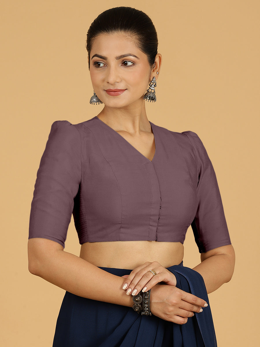 Shravani x Rozaana Saree Blouse, in Purple Viscose, featuring elbow sleeves and v-neckline, made for daily & work (view 7).