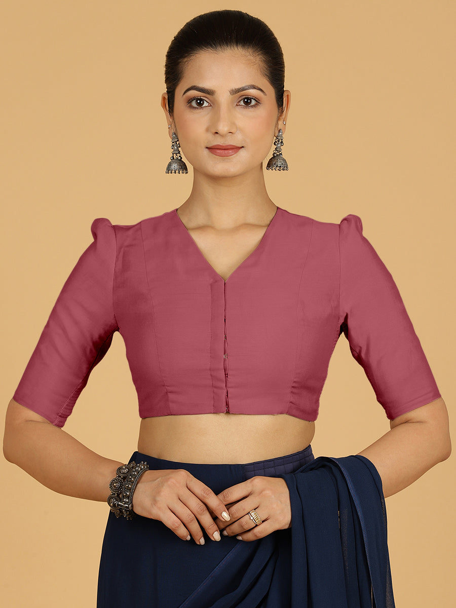 Shravani x Rozaana Saree Blouse, in Pink Viscose, featuring elbow sleeves and v-neckline, made for daily & work.