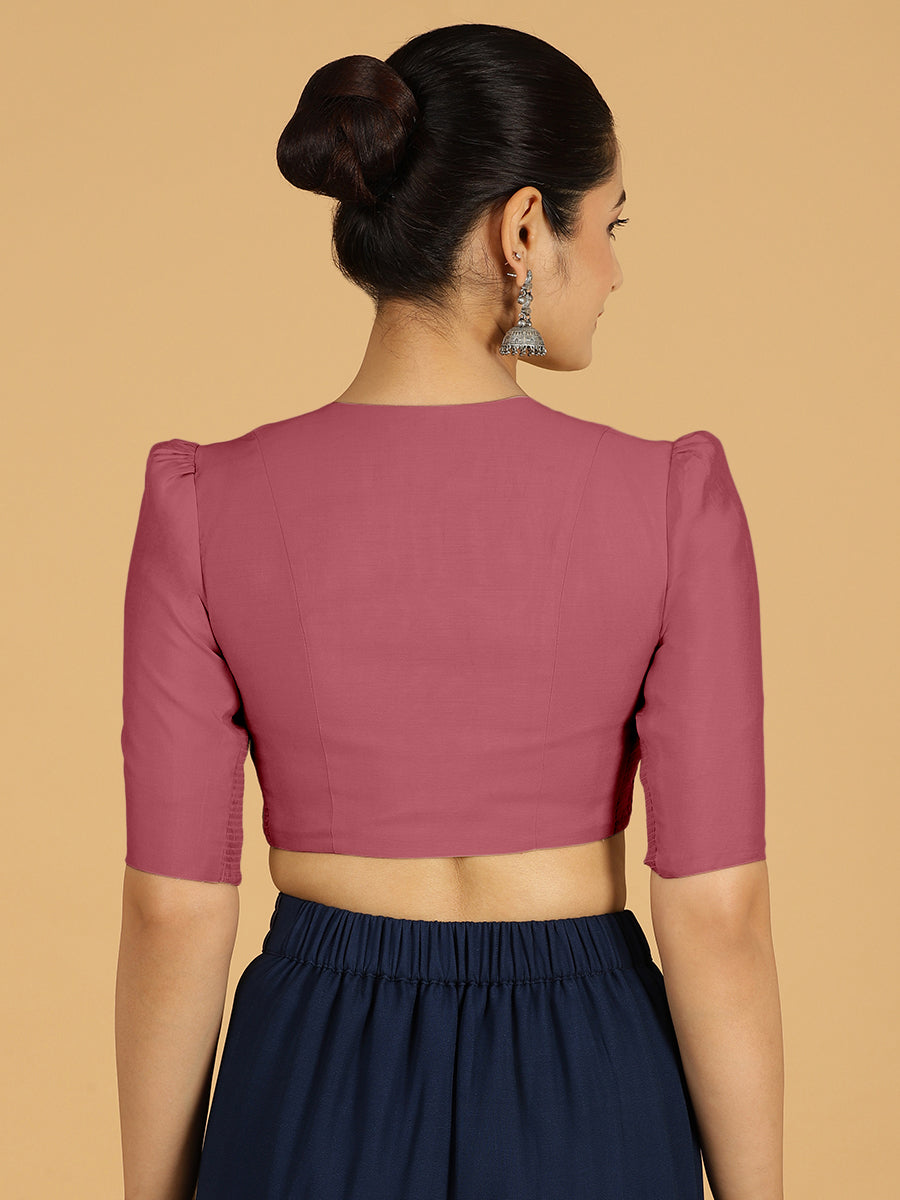 Shravani x Rozaana Saree Blouse, in Pink Viscose, featuring elbow sleeves and v-neckline, made for daily & work (view 2).