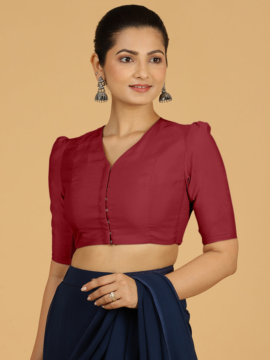 Shravani x Rozaana Saree Blouse, in Red Viscose, featuring elbow sleeves and v-neckline, made for daily & work (view 7).