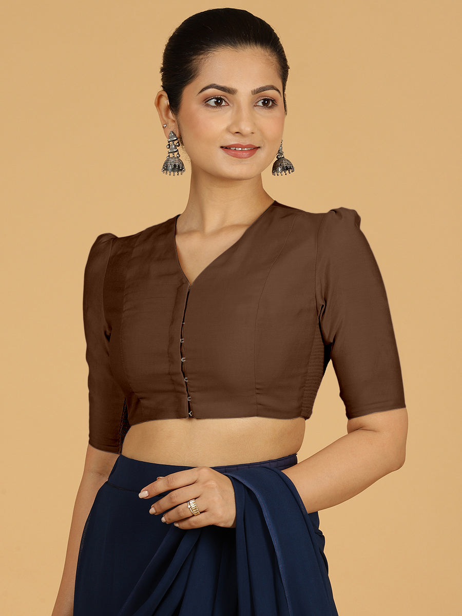 Shravani x Rozaana Saree Blouse, in Brown Viscose, featuring elbow sleeves and v-neckline, made for daily & work.