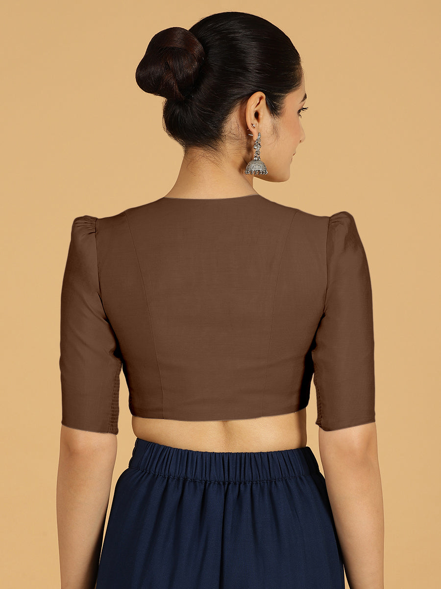 Shravani x Rozaana Saree Blouse, in Brown Viscose, featuring elbow sleeves and v-neckline, made for daily & work (view 2).