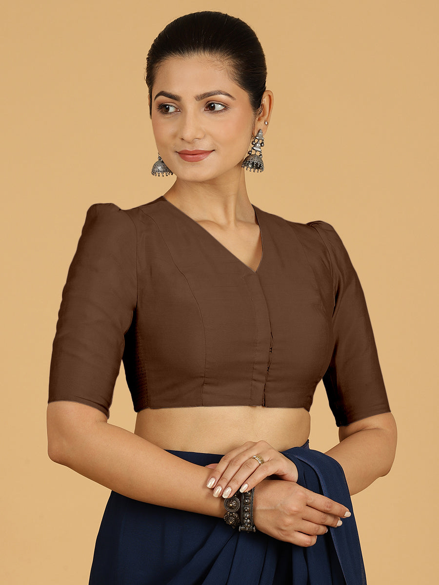 Shravani x Rozaana Saree Blouse, in Brown Viscose, featuring elbow sleeves and v-neckline, made for daily & work (view 7).
