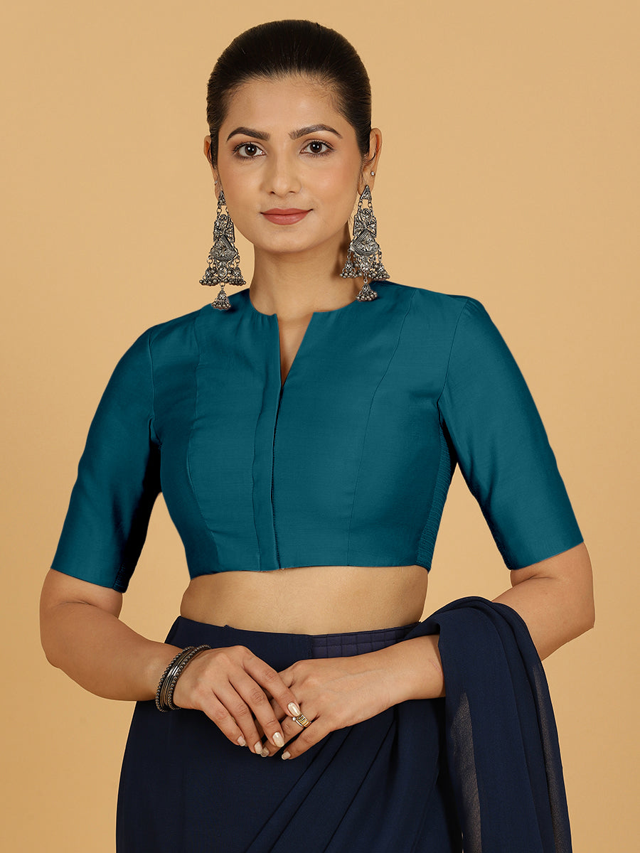 Simar x Rozaana Saree Blouse, in Blue Viscose, featuring elbow sleeves and round neckline, made for daily & work.
