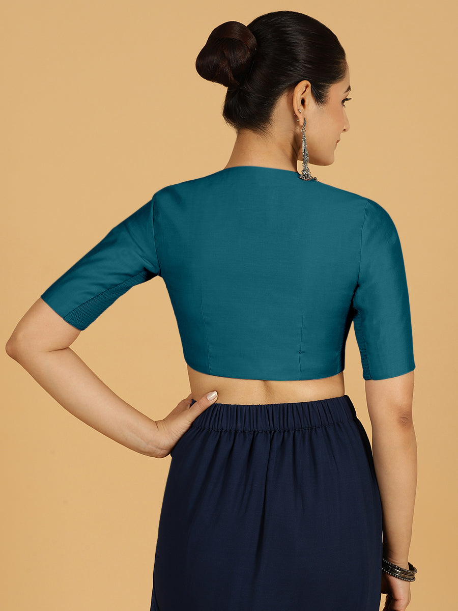 Simar x Rozaana Saree Blouse, in Blue Viscose, featuring elbow sleeves and round neckline, made for daily & work (view 2).