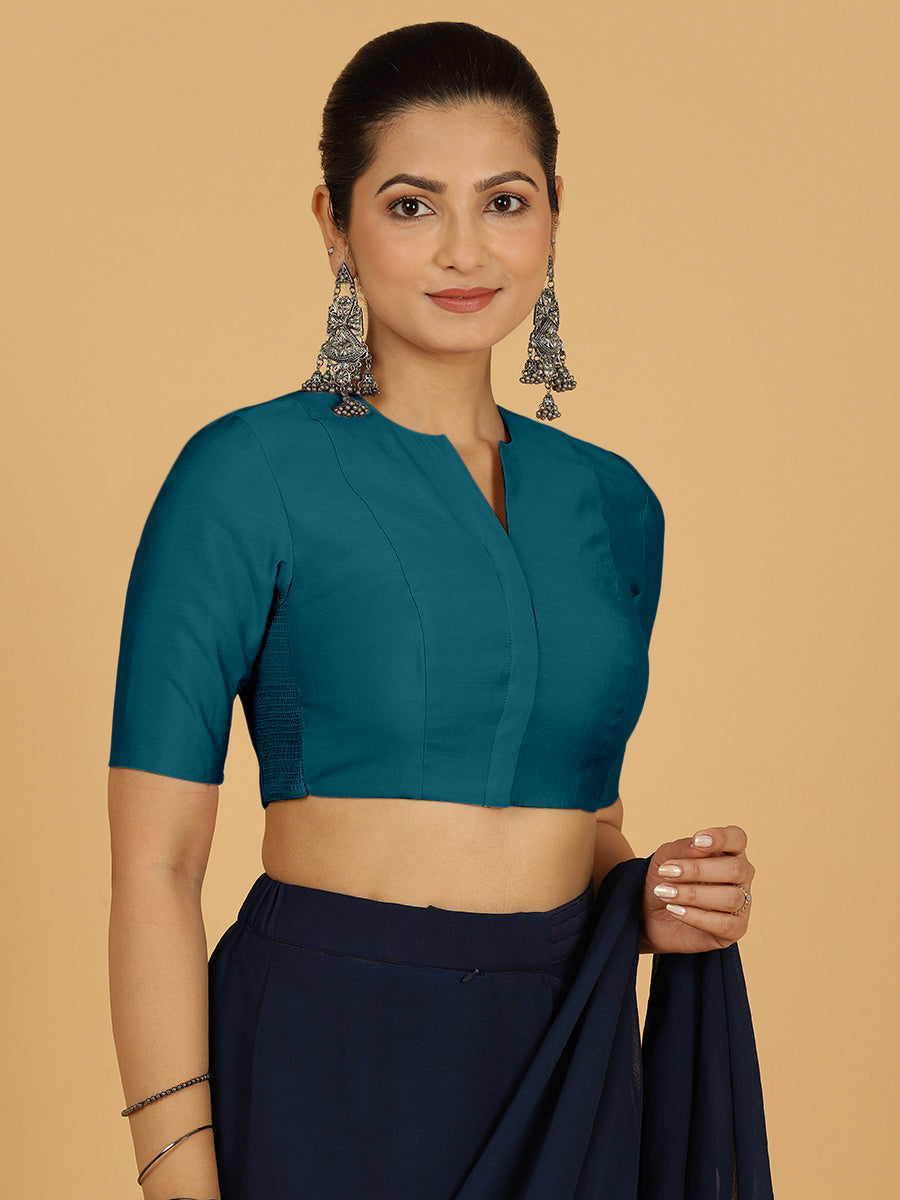 Simar x Rozaana Saree Blouse, in Blue Viscose, featuring elbow sleeves and round neckline, made for daily & work (view 6).