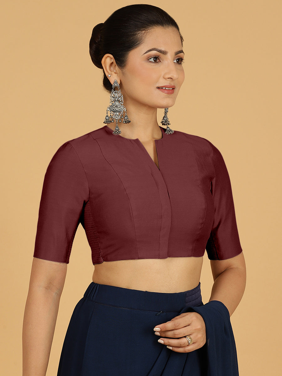 Simar x Rozaana Saree Blouse, in Maroon Viscose, featuring elbow sleeves and round neckline, made for daily & work (view 6).