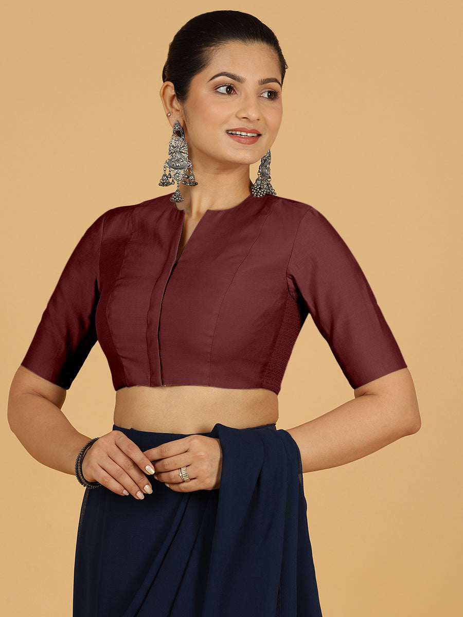 Simar x Rozaana Saree Blouse, in Maroon Viscose, featuring elbow sleeves and round neckline, made for daily & work (view 7).