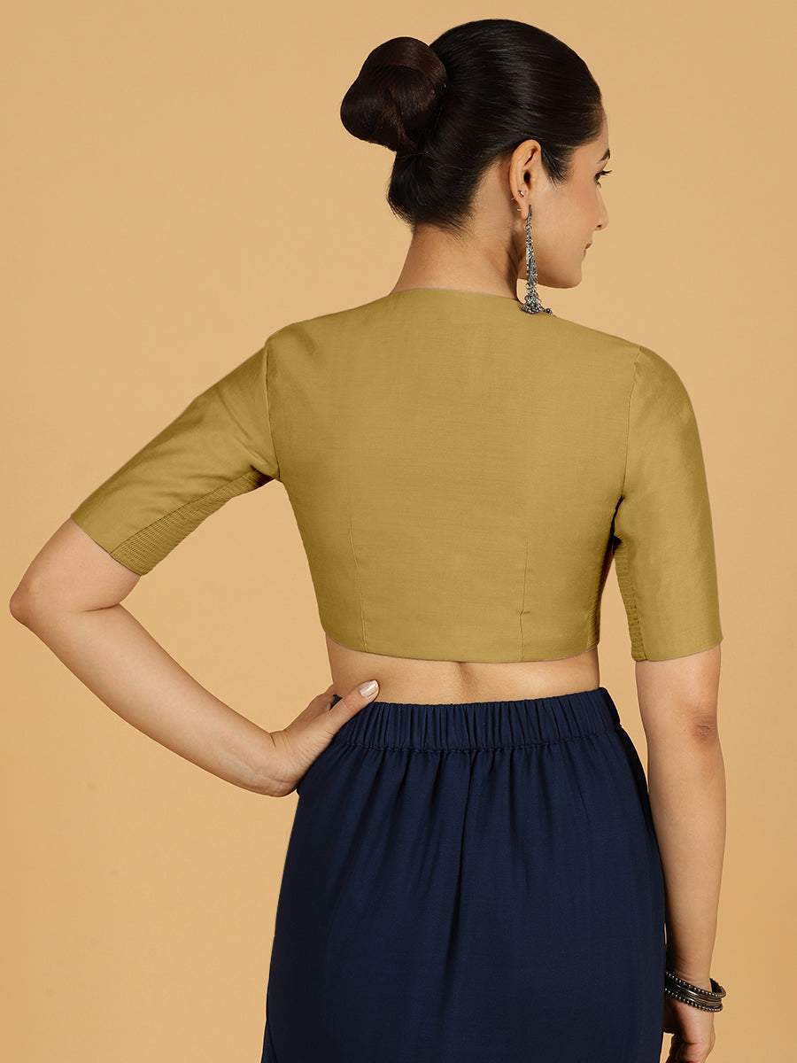 Simar x Rozaana Saree Blouse, in Yellow Viscose, featuring elbow sleeves and round neckline, made for daily & work (view 2).