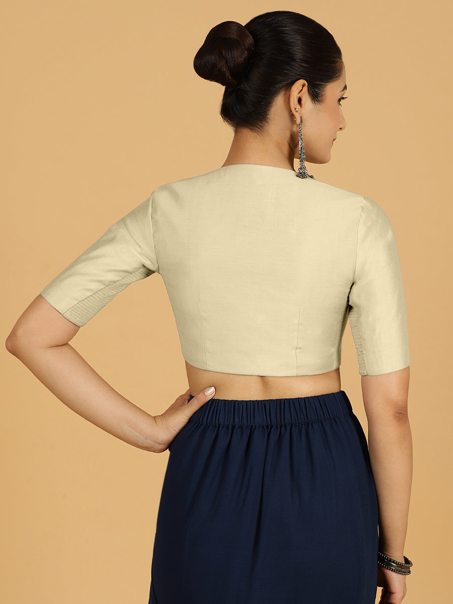 Simar x Rozaana Saree Blouse, in White Viscose, featuring elbow sleeves and round neckline, made for daily & work (view 2).