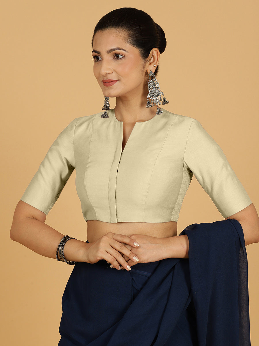 Simar x Rozaana Saree Blouse, in White Viscose, featuring elbow sleeves and round neckline, made for daily & work (view 5).