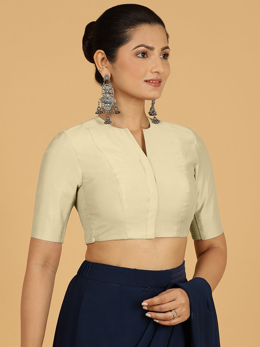 Simar x Rozaana Saree Blouse, in White Viscose, featuring elbow sleeves and round neckline, made for daily & work (view 7).